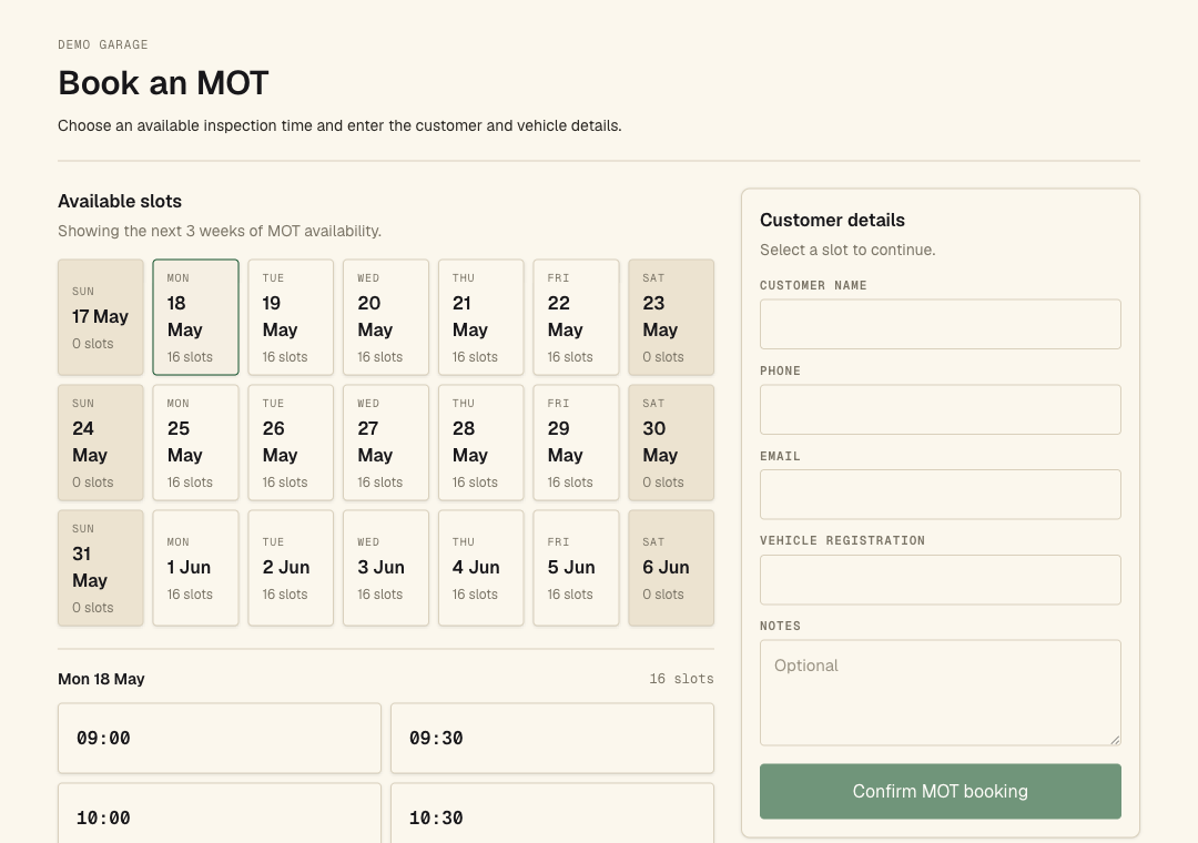 Screenshot of the AutoBook customer booking page embedded on a website